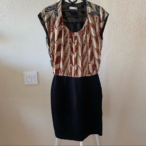 Whistles Silk Print Top Jersey Bodycon Bottom Dress Red Cream Black US4